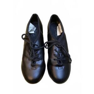 Girl's black  tap lace-up shoes (Size 3).